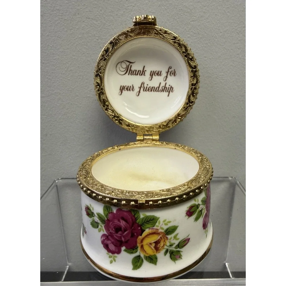 Floral Motif Gold Hinged Trinket Box Fenton Bone China Peony‎ Rose Country Decor